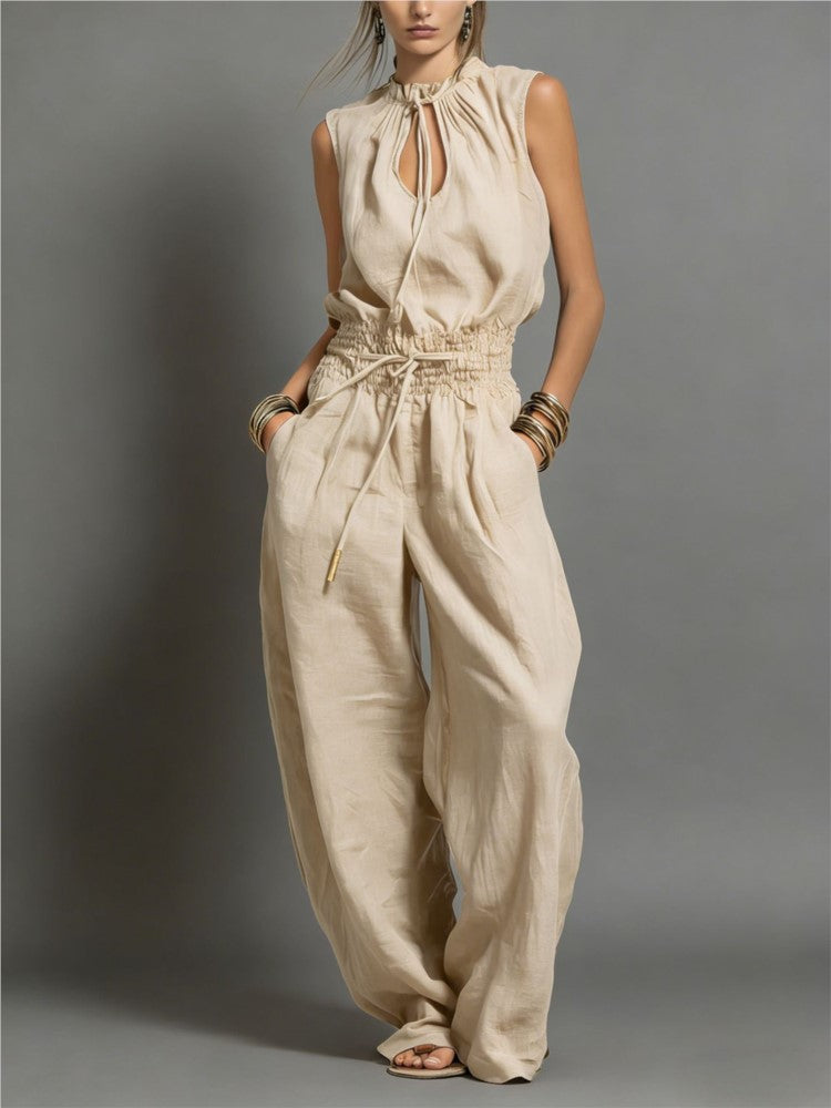 Cream sleeveless wide leg jumpsuit