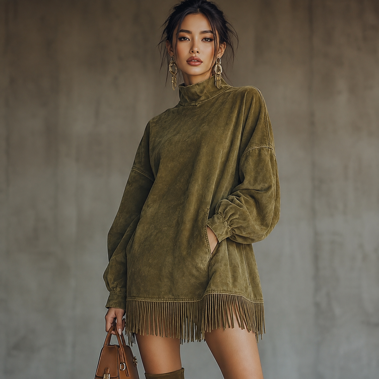 Fringe Hem Long Sleeve Dress