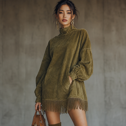 Fringe Hem Long Sleeve Dress