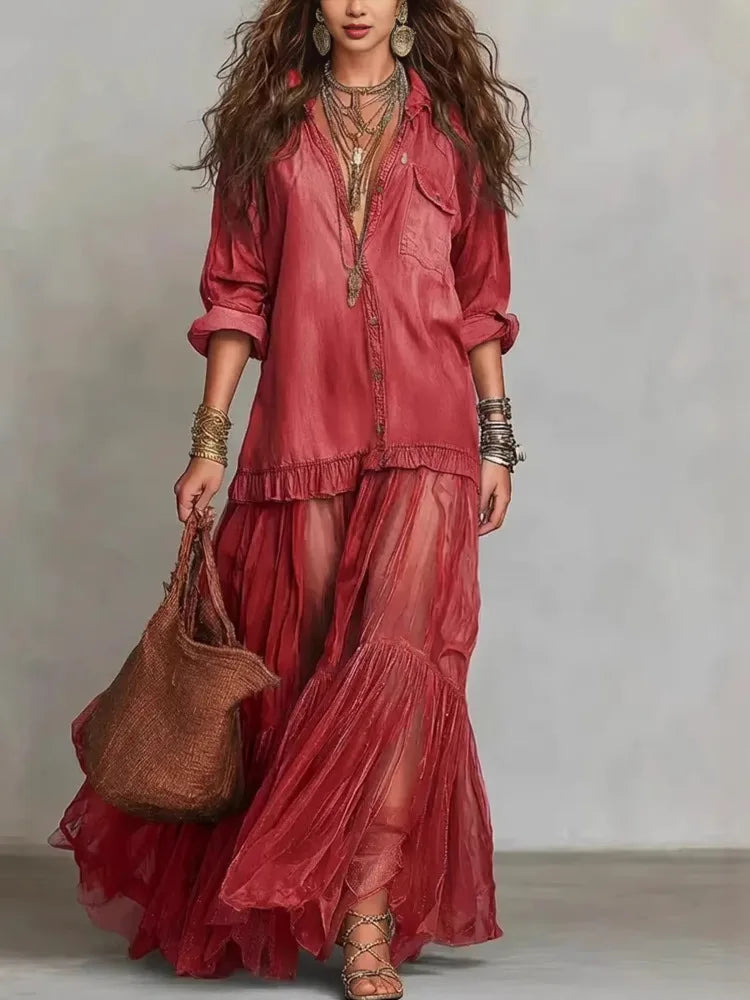 Collared Long Sleeve Maxi Dress