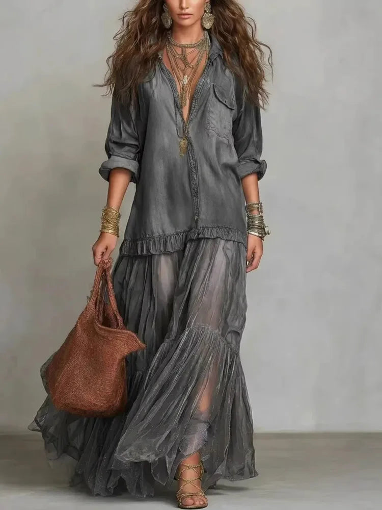 Ruffle Hem Maxi Shirt Dress