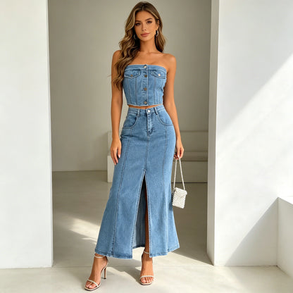 Denim two piece skirt set