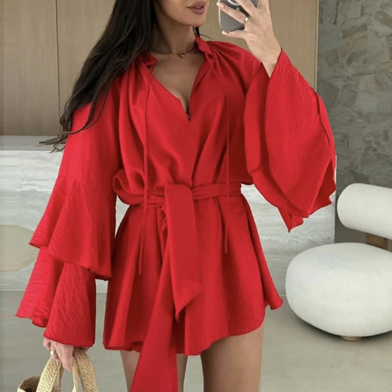 Ruffle Sleeve Mini Dress : Deep V-Neck Loose Dress