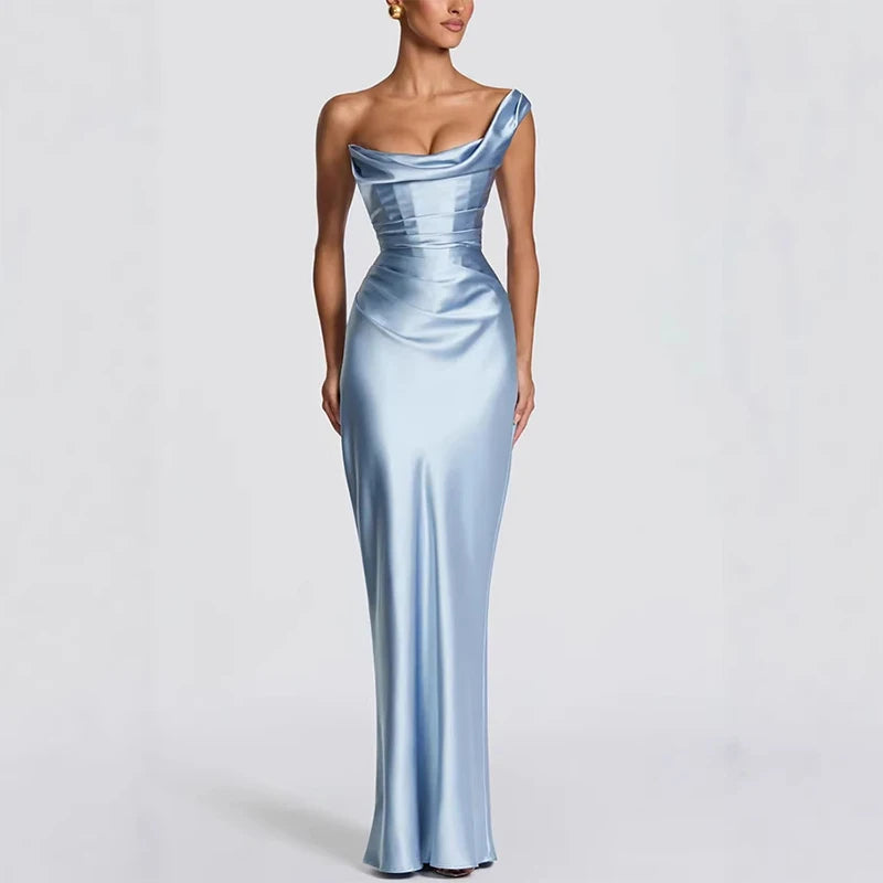Elegant blue one-shoulder satin dress