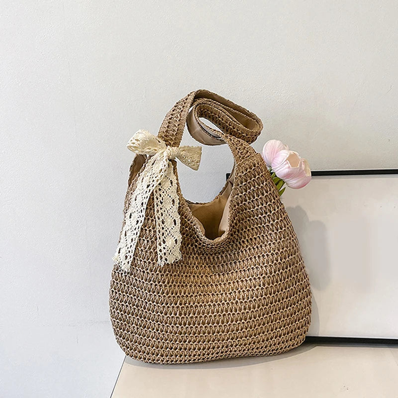 Lace ribbon straw bag