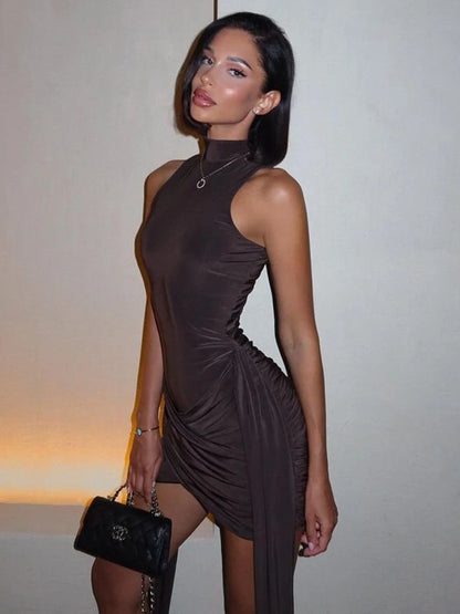 High Neck Ruched Mini Dress
