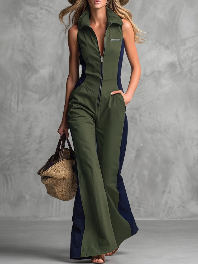 Olive green zip front jumpsuit