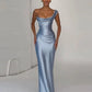 Blue satin dress front view
