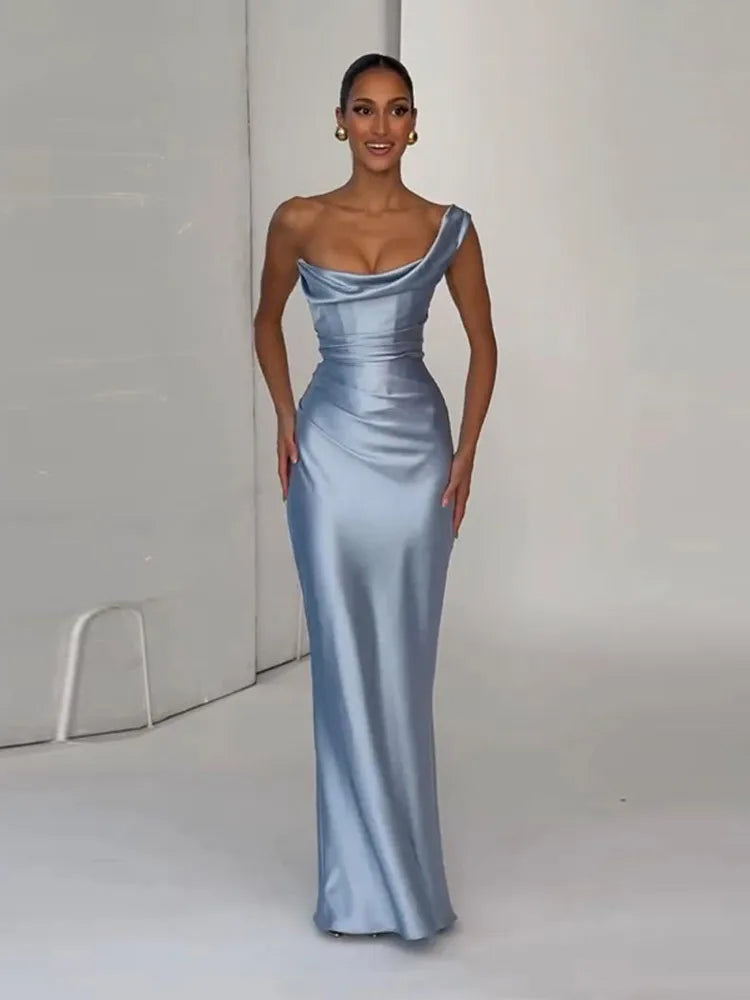 Blue satin dress front view
