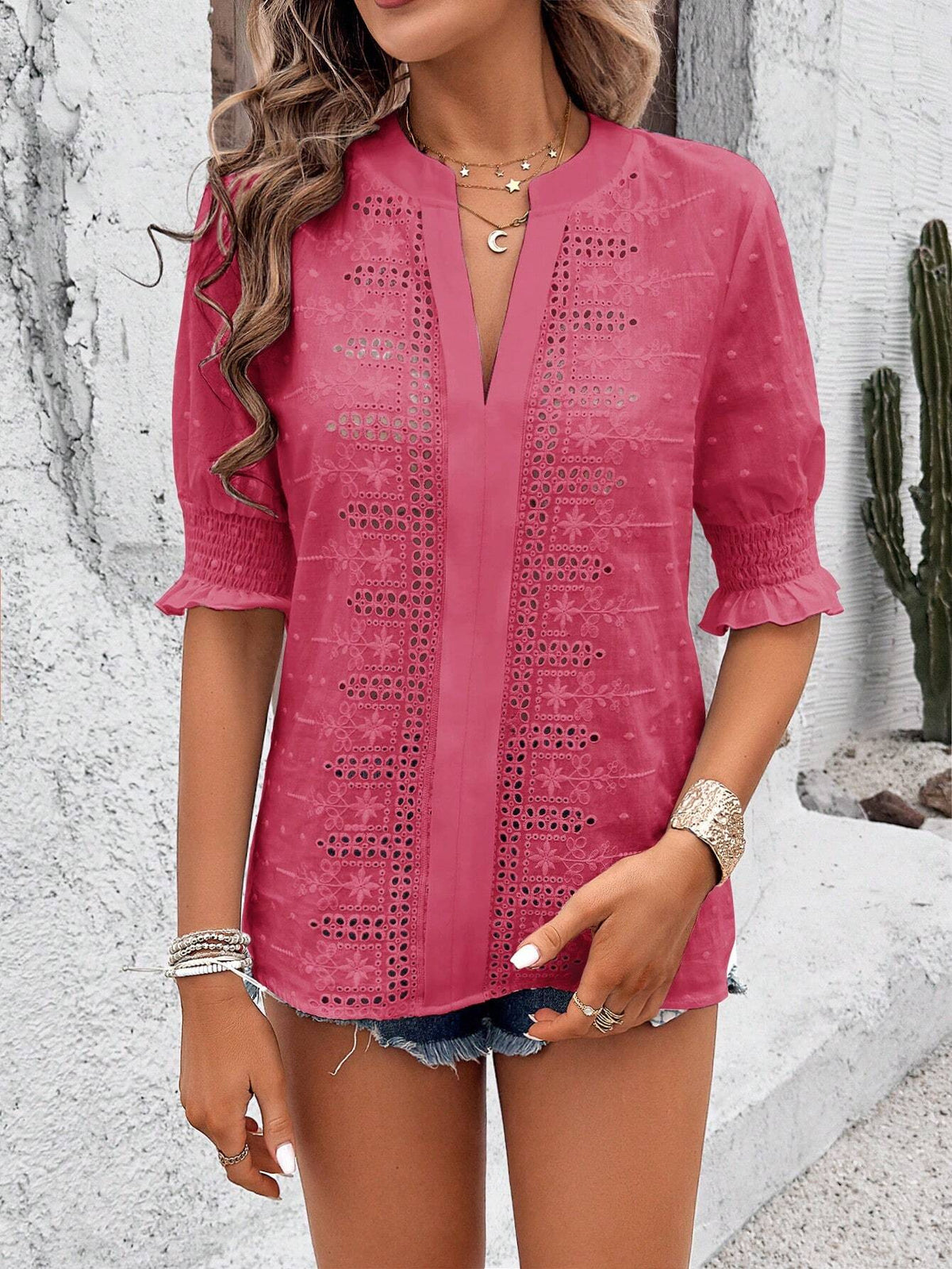 Pink eyelet embroidered blouse