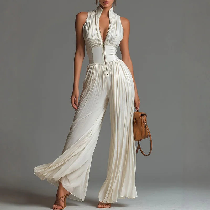 Deep V Zip Front Wide Leg Jumpsuit