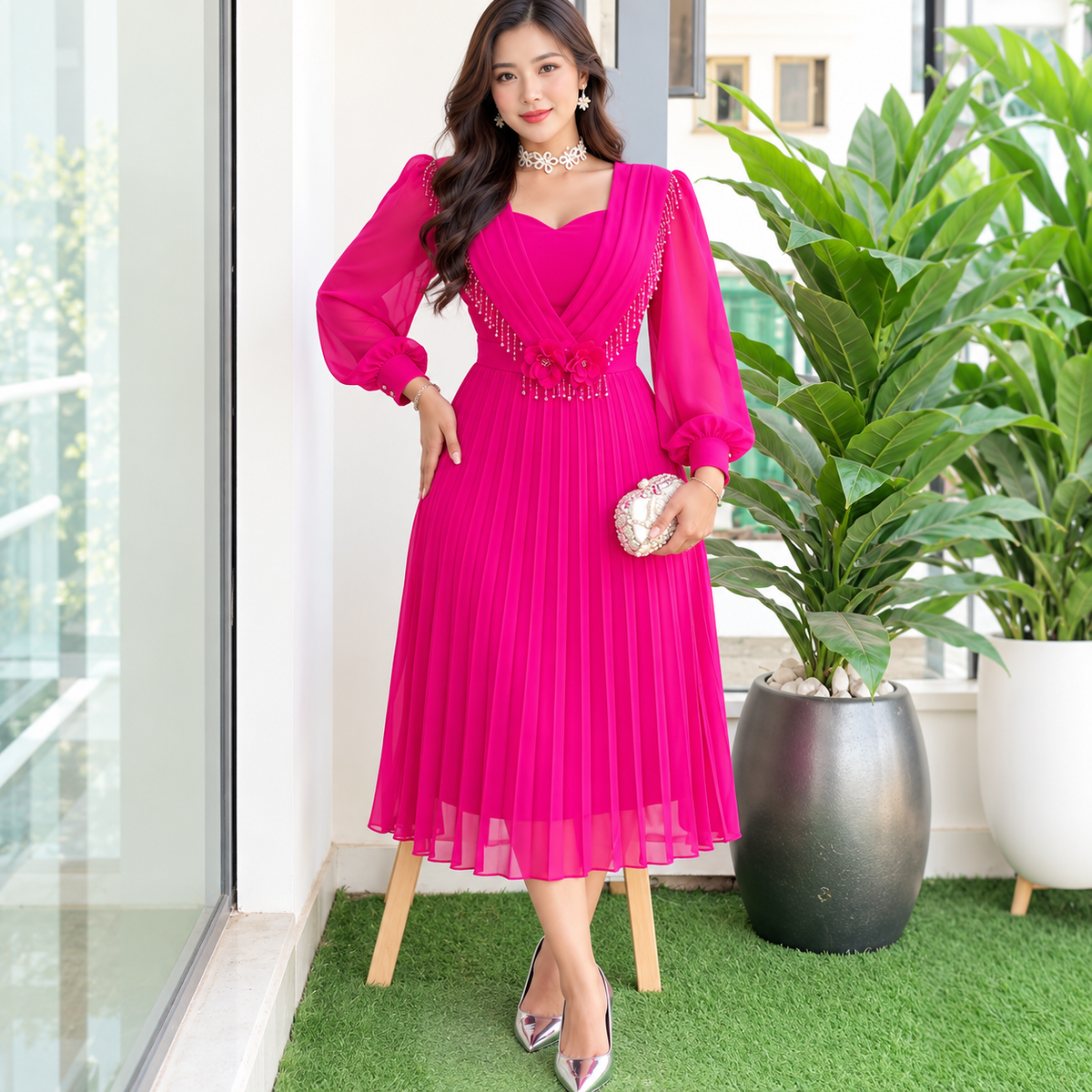 Fuchsia pleated midi dress