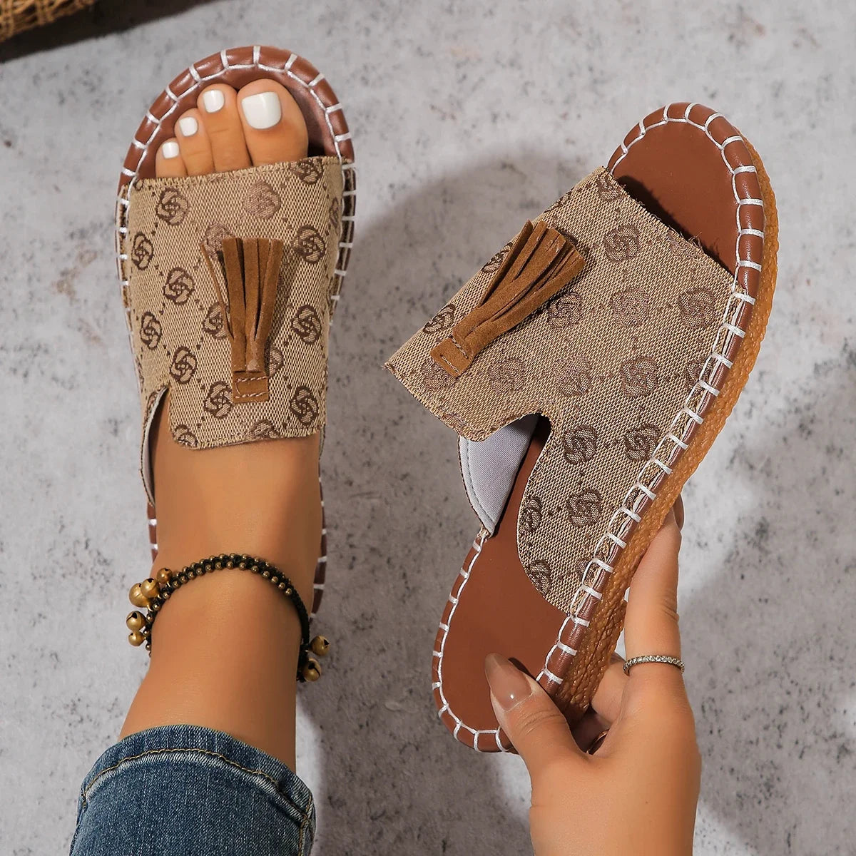 Khaki Printed Platform Slippers