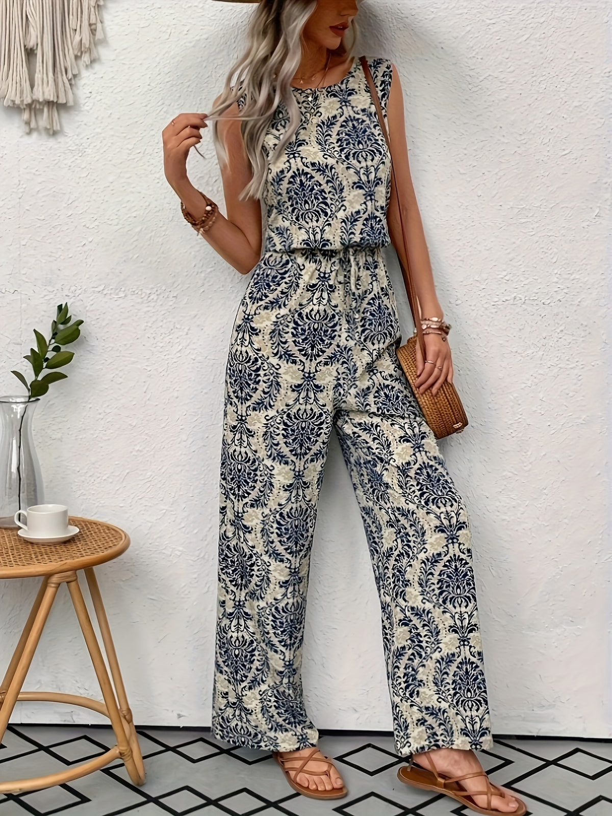 Sleeveless boho wide leg jumpsuit
