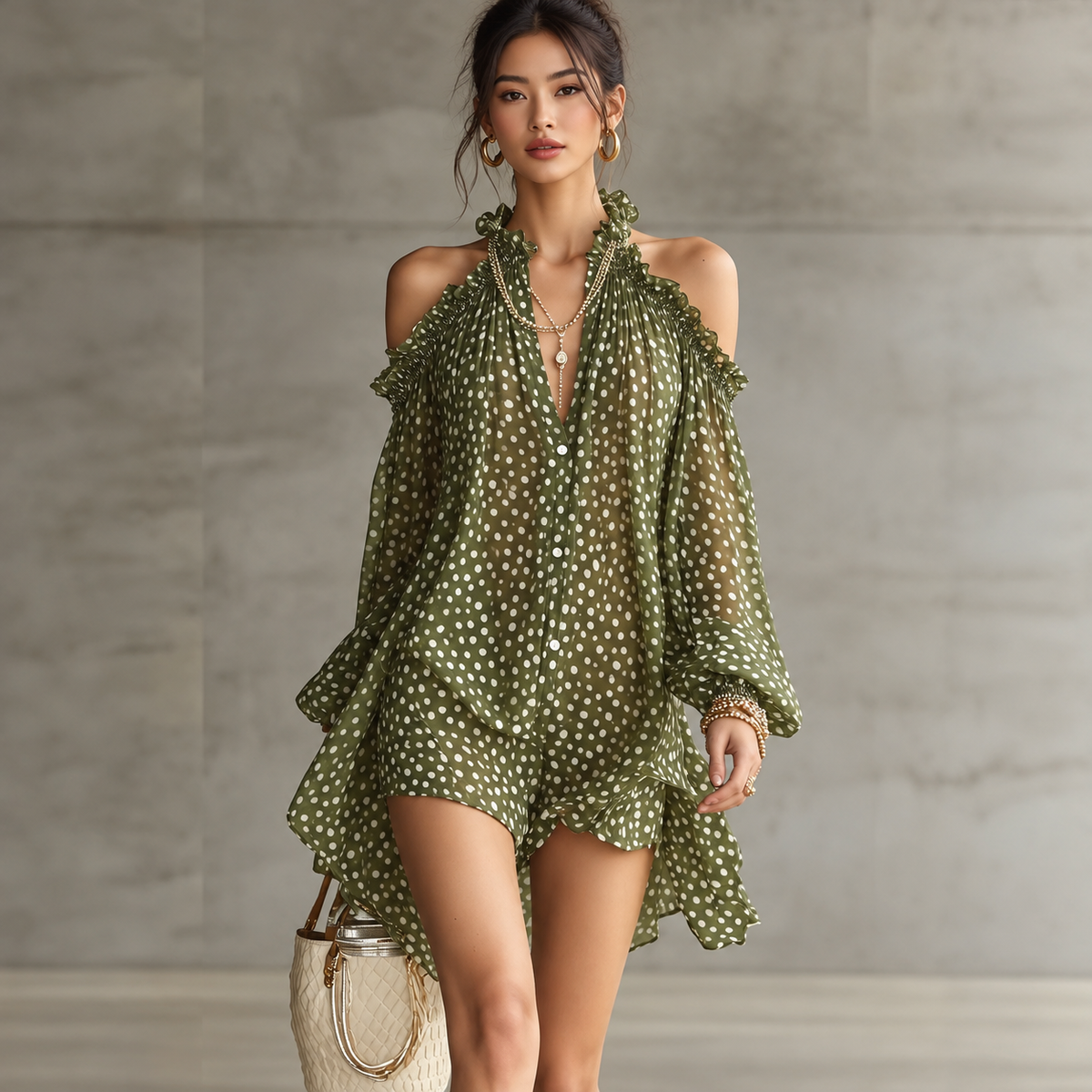 Open shoulder polka dress