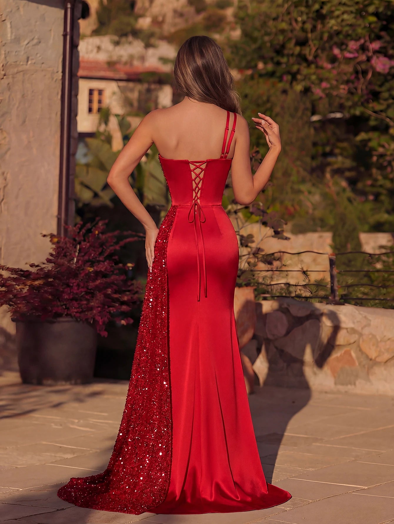 Red Satin Evening Gown back view