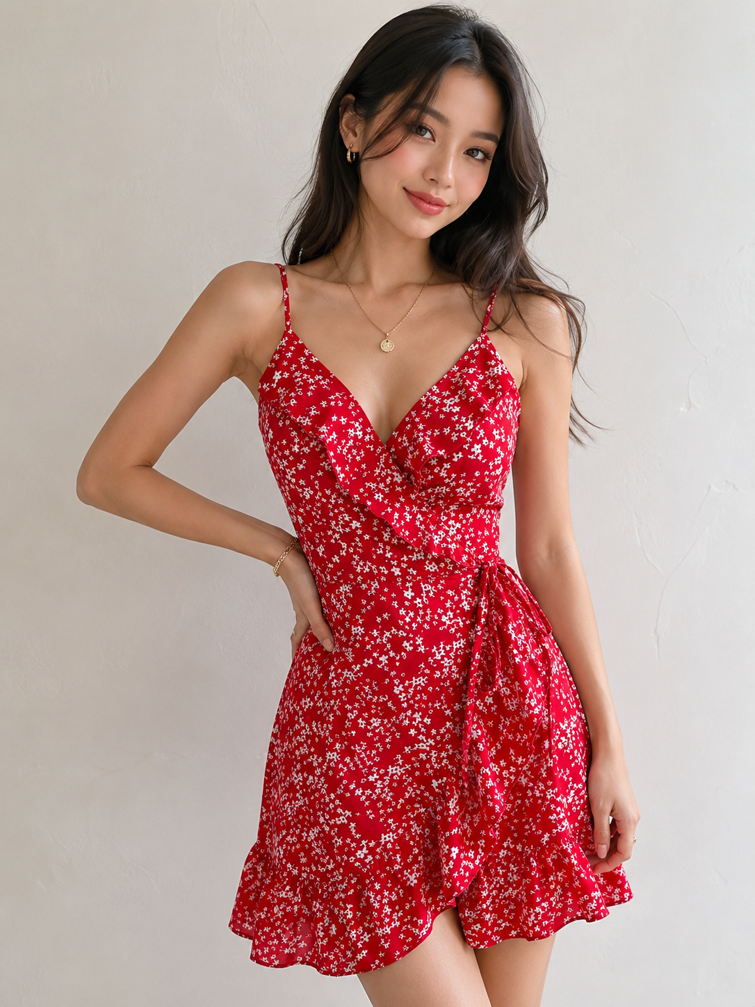 Red floral wrap dress