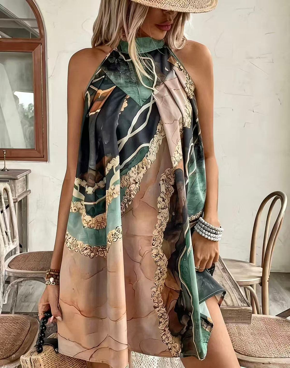 Multicolor printed halter dress