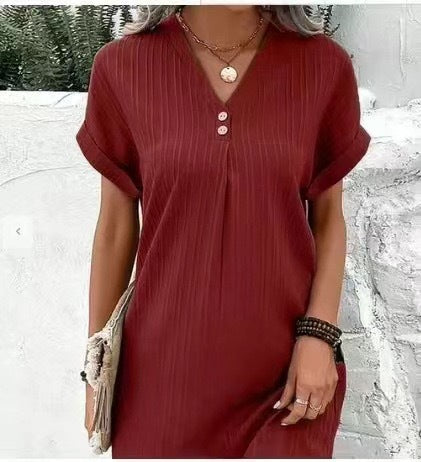 Button detail V neck dress