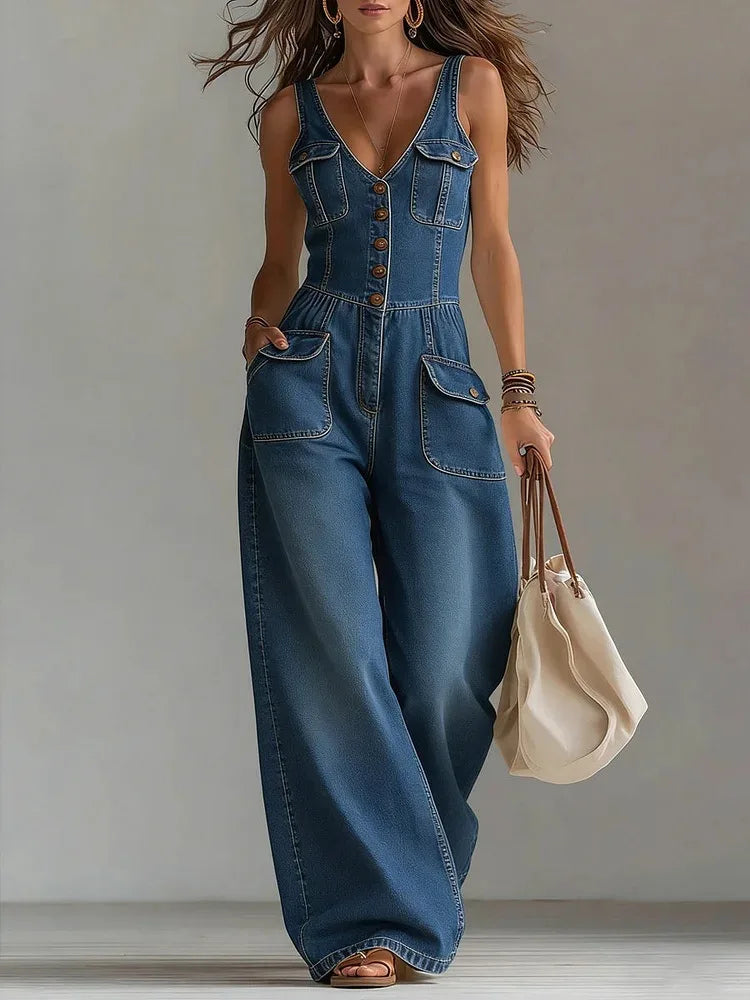 Button front denim romper