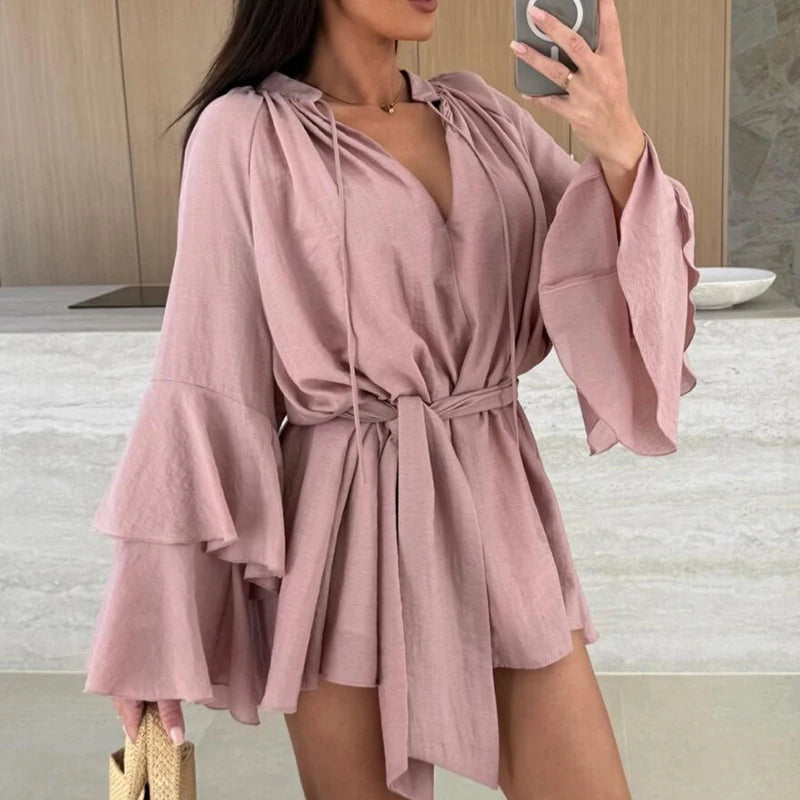 Ruffle Sleeve Mini Dress : Deep V-Neck Loose Dress