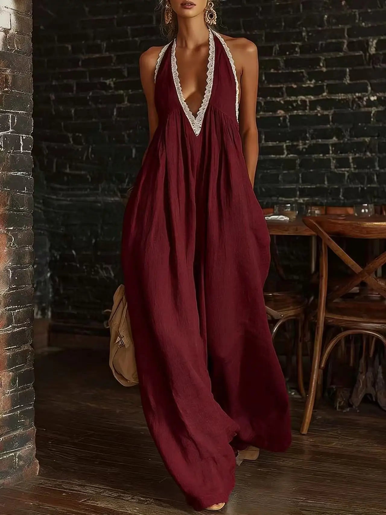 Burgundy halter jumpsuit