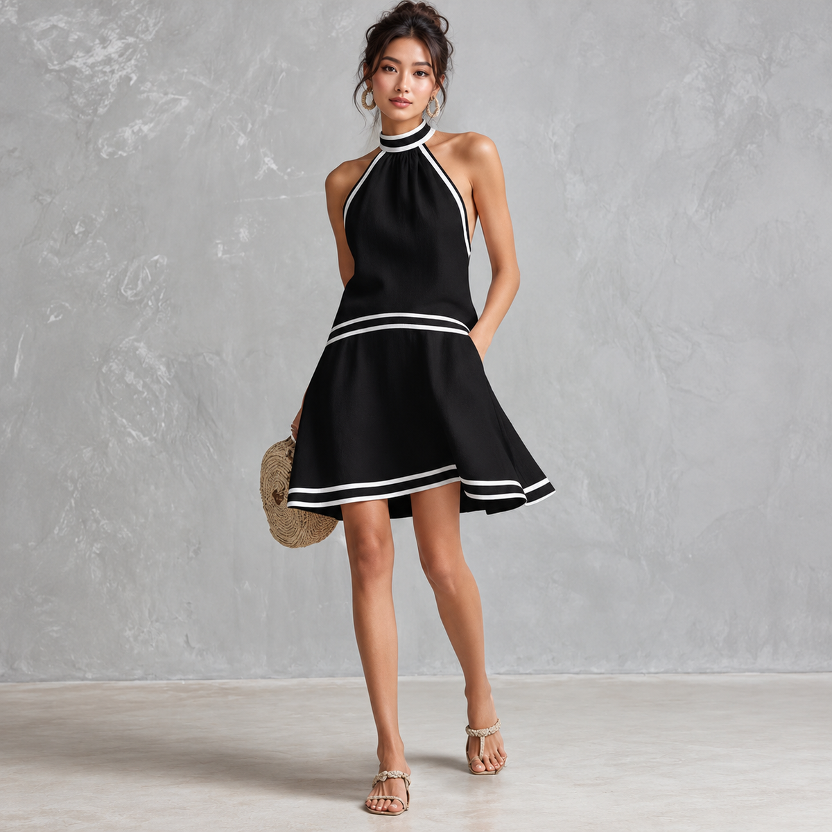 Sleeveless Drop Waist Flared Dress: Halter Neck Mini Dress for Women