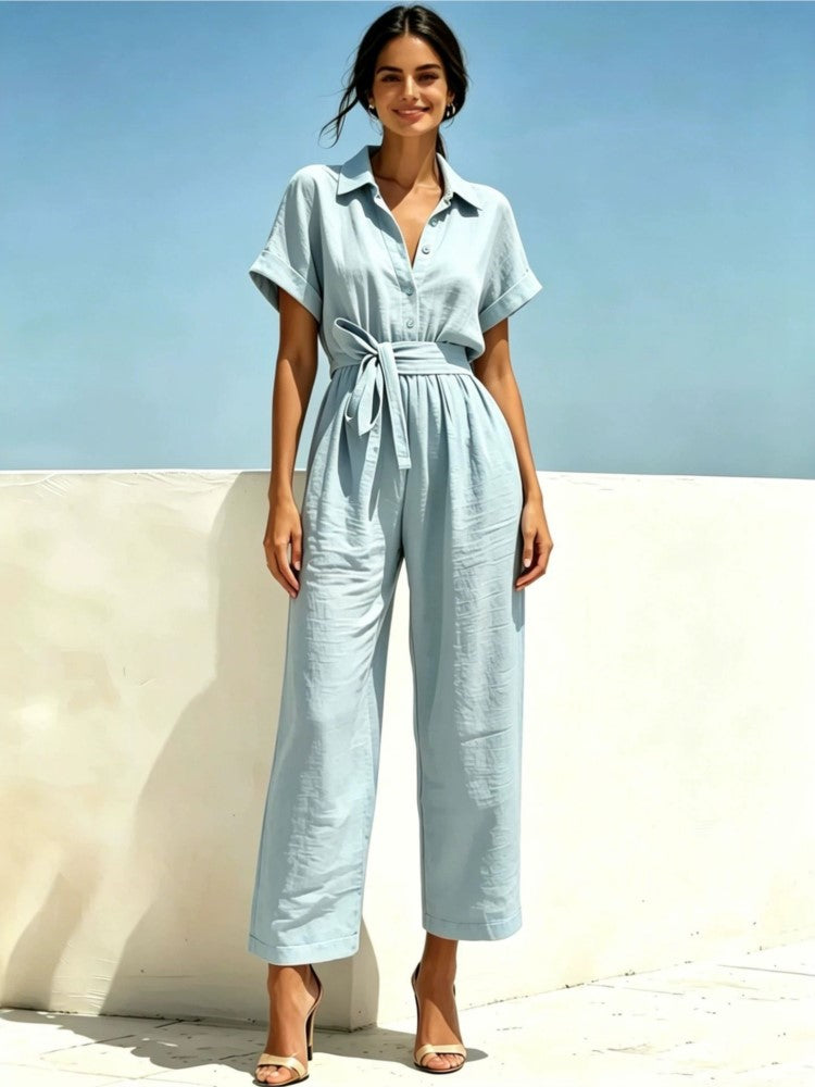 Solid color belted jumpsuit
