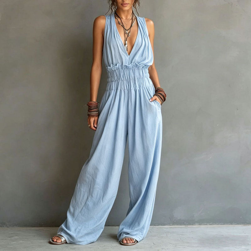 Blue halter wide leg jumpsuit