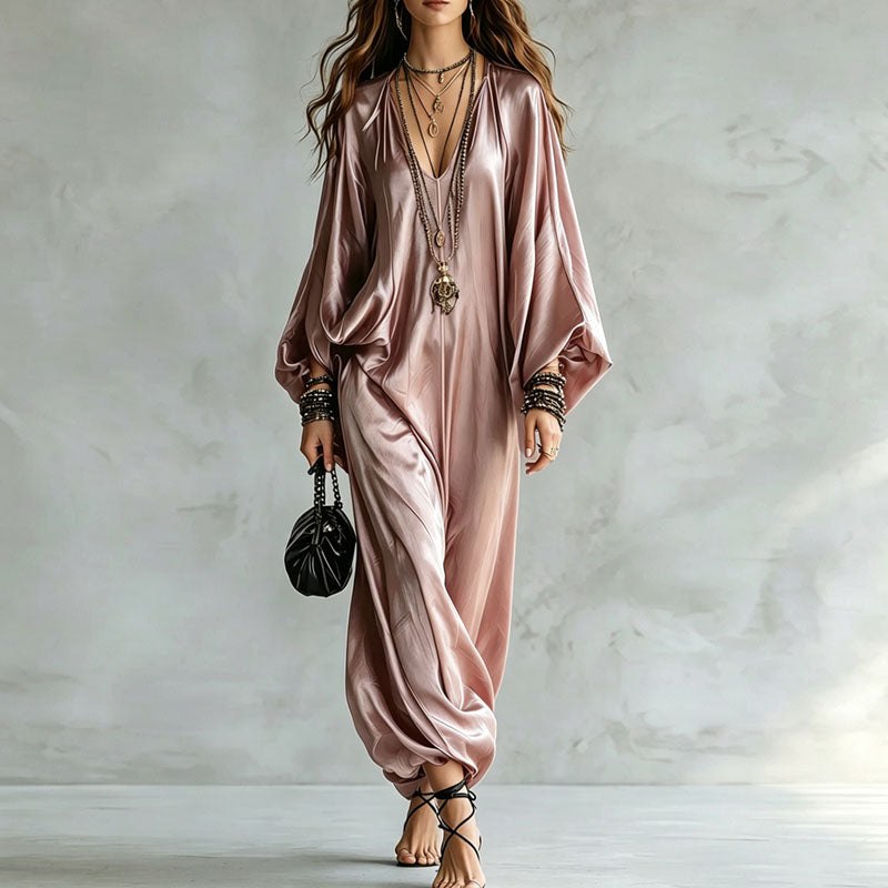 Batwing sleeve satin jumpsuit