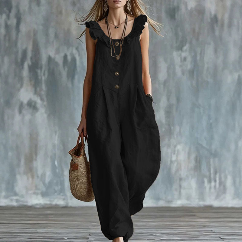 Black ruffle neck jumpsuit
