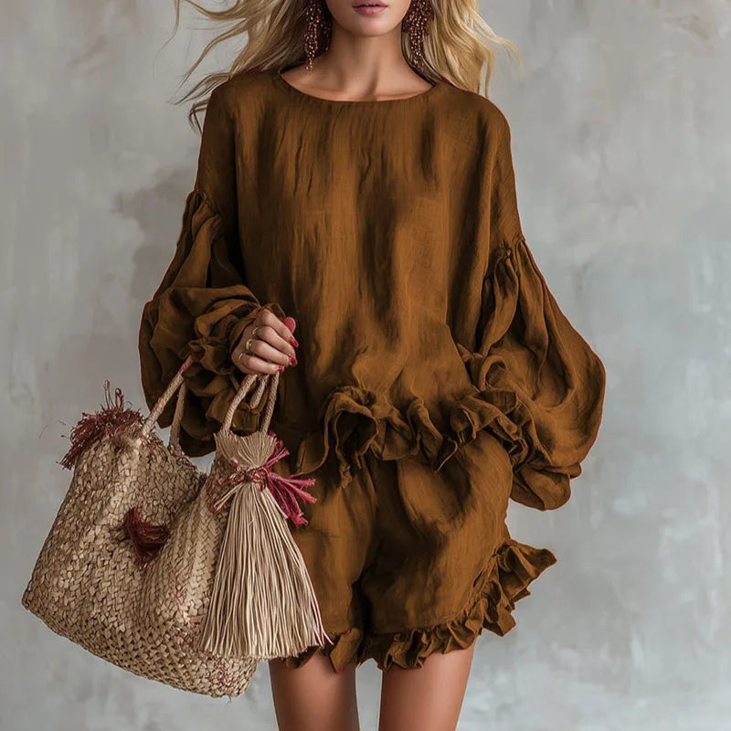 Long puff sleeve shorts set
