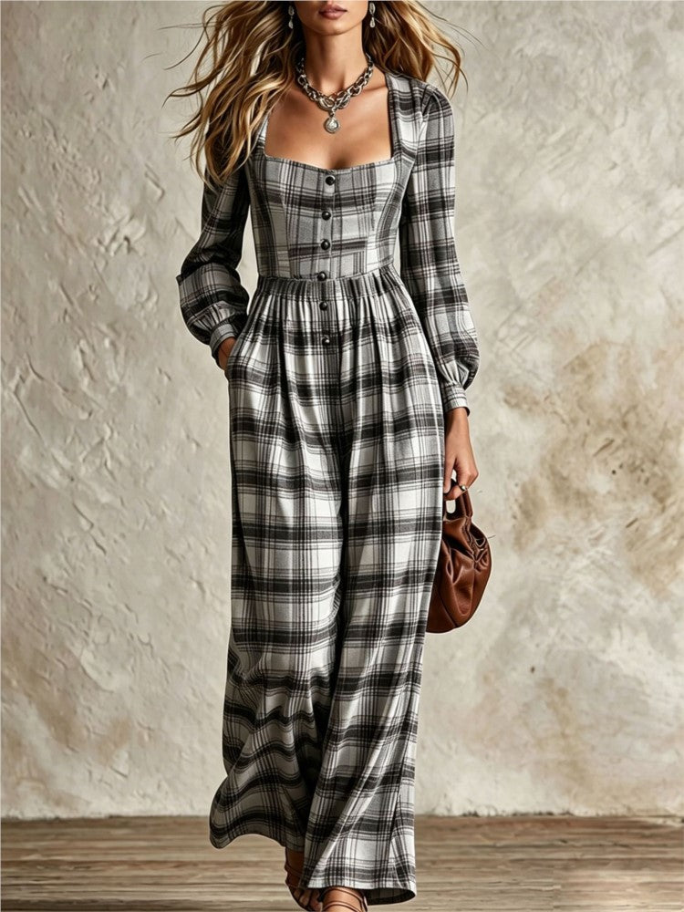 Plaid Wide Leg Jumpsuit: Square Neck Long Sleeve Button Front Checkere