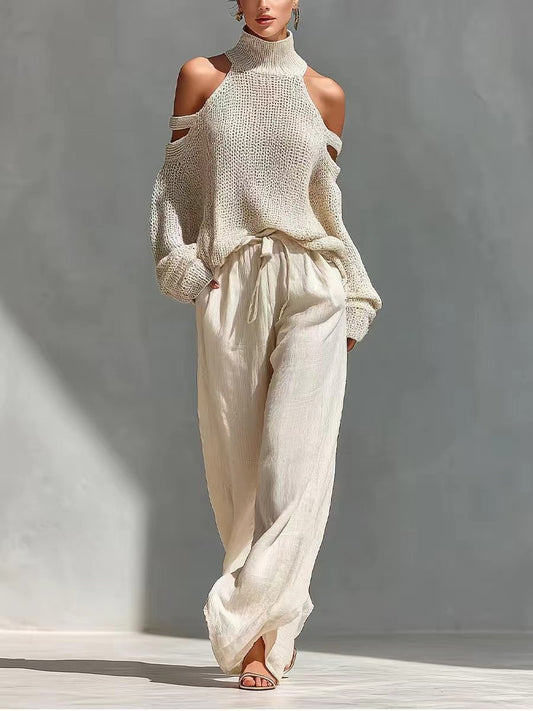 Cold Shoulder Knit Two Piece Set: High Neck Sweater Top and Loose Wide Leg Pants