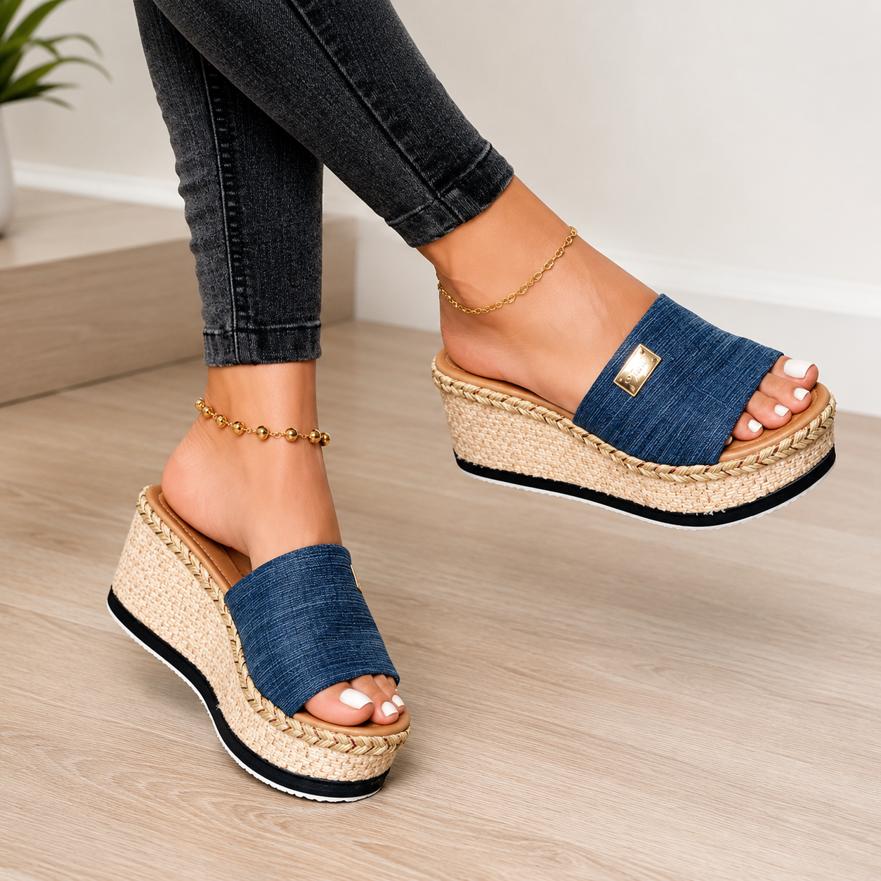 Blue wedge slide sandals