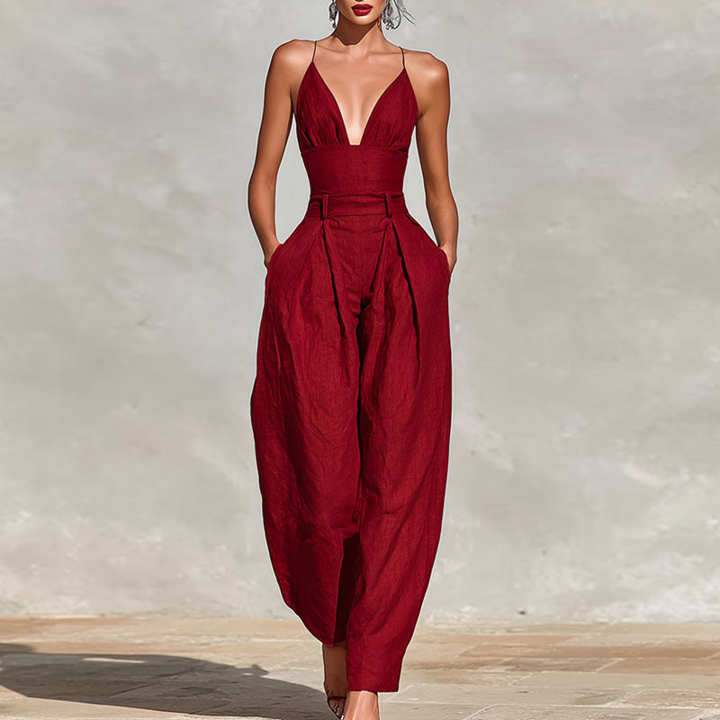 Red deep V jumpsuit
