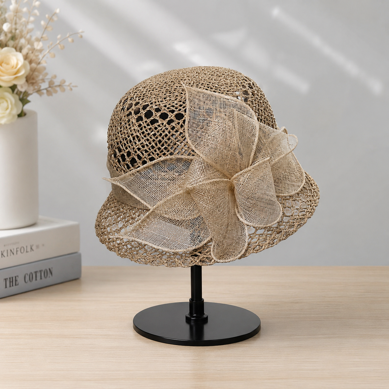 Beige floral bow hat