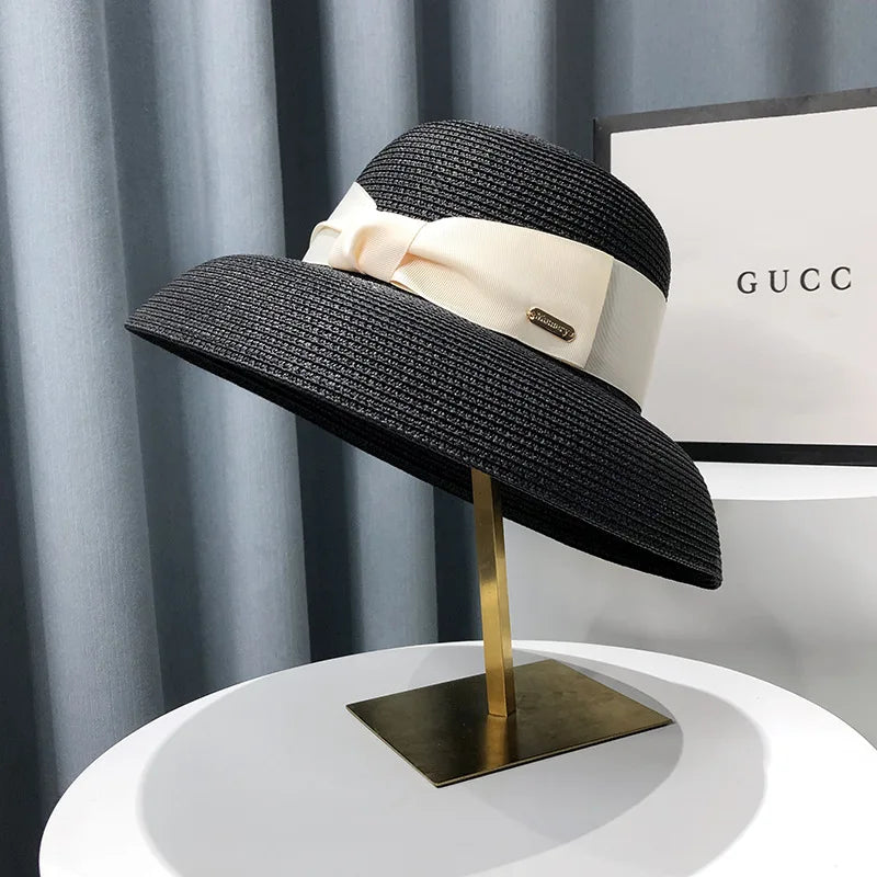 Wide Brim Ribbon Bow Hat