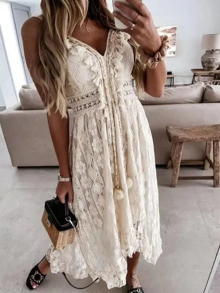 White crochet lace maxi dress