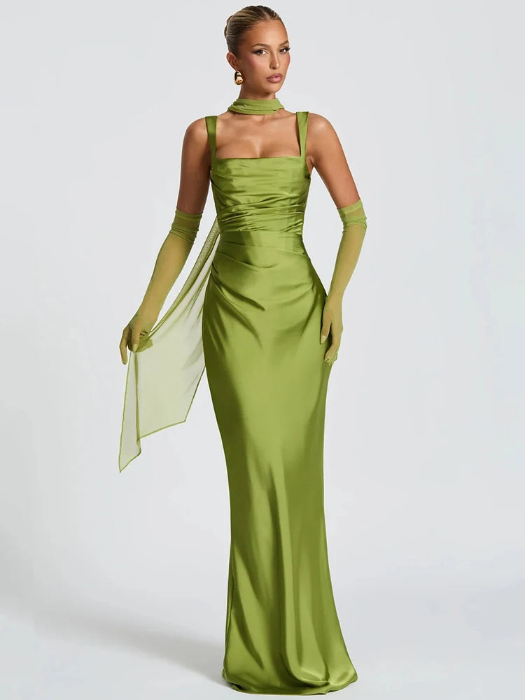 Green Ruched Evening Gown