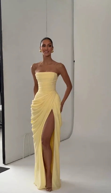 Elegant yellow side slit dress