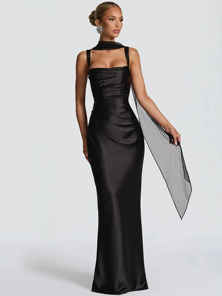 Elegant Black Square Neck Evening Dress