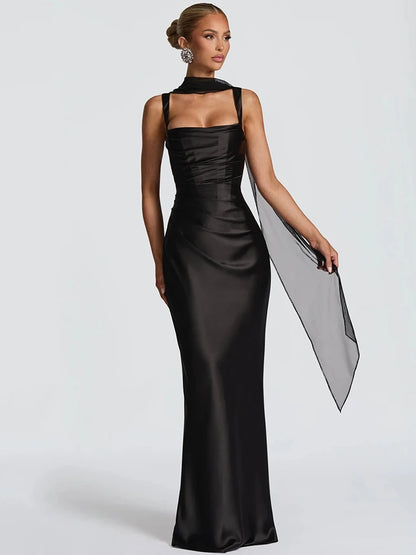 Elegant Black Square Neck Evening Dress
