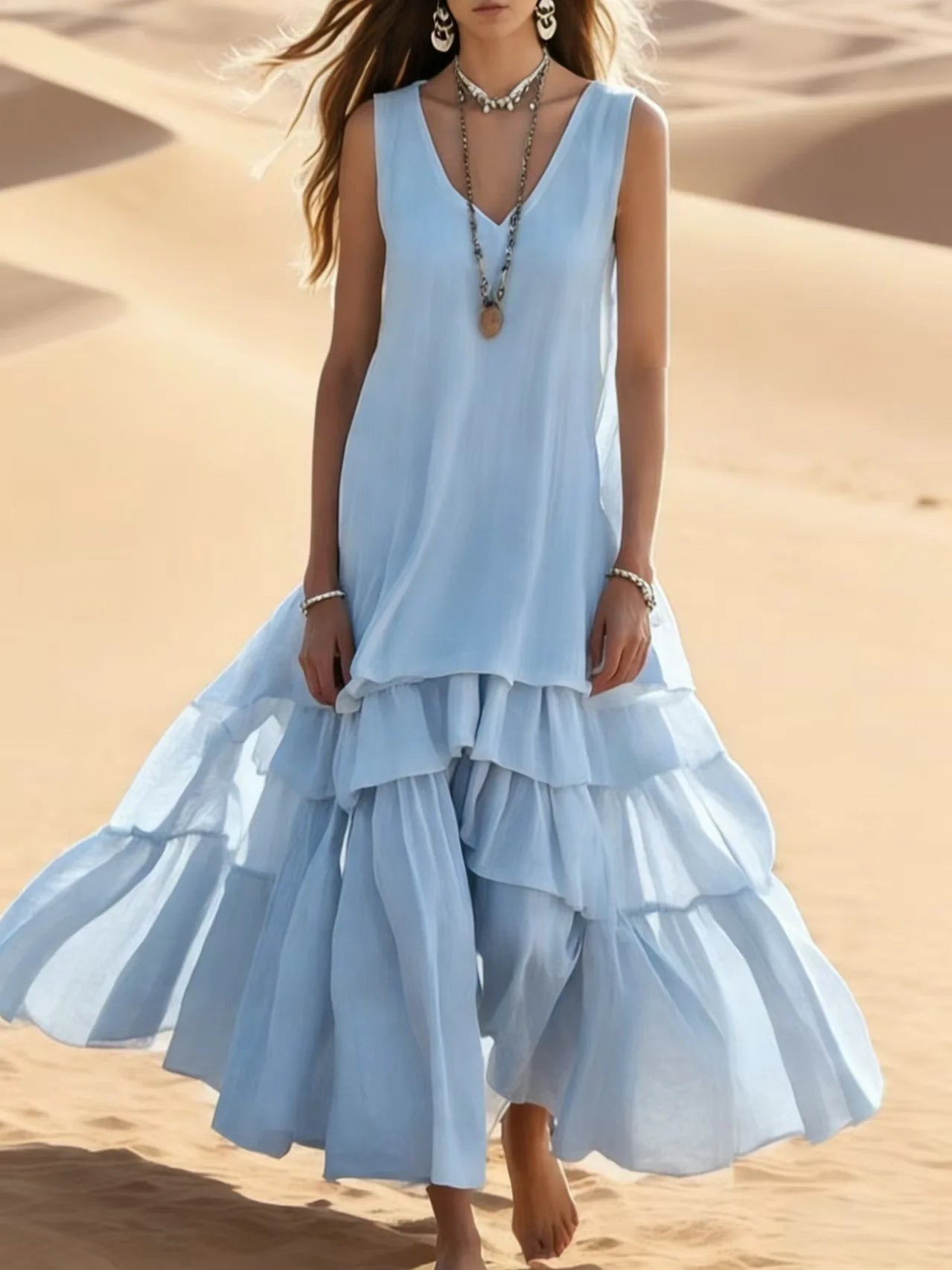 V Neck Tiered Maxi Dress: Bohemian Ruffle Dress