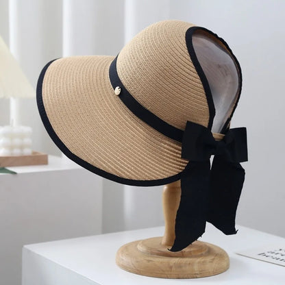 Woven Straw Hat with Bow: Floppy Bow Ribbon Hat