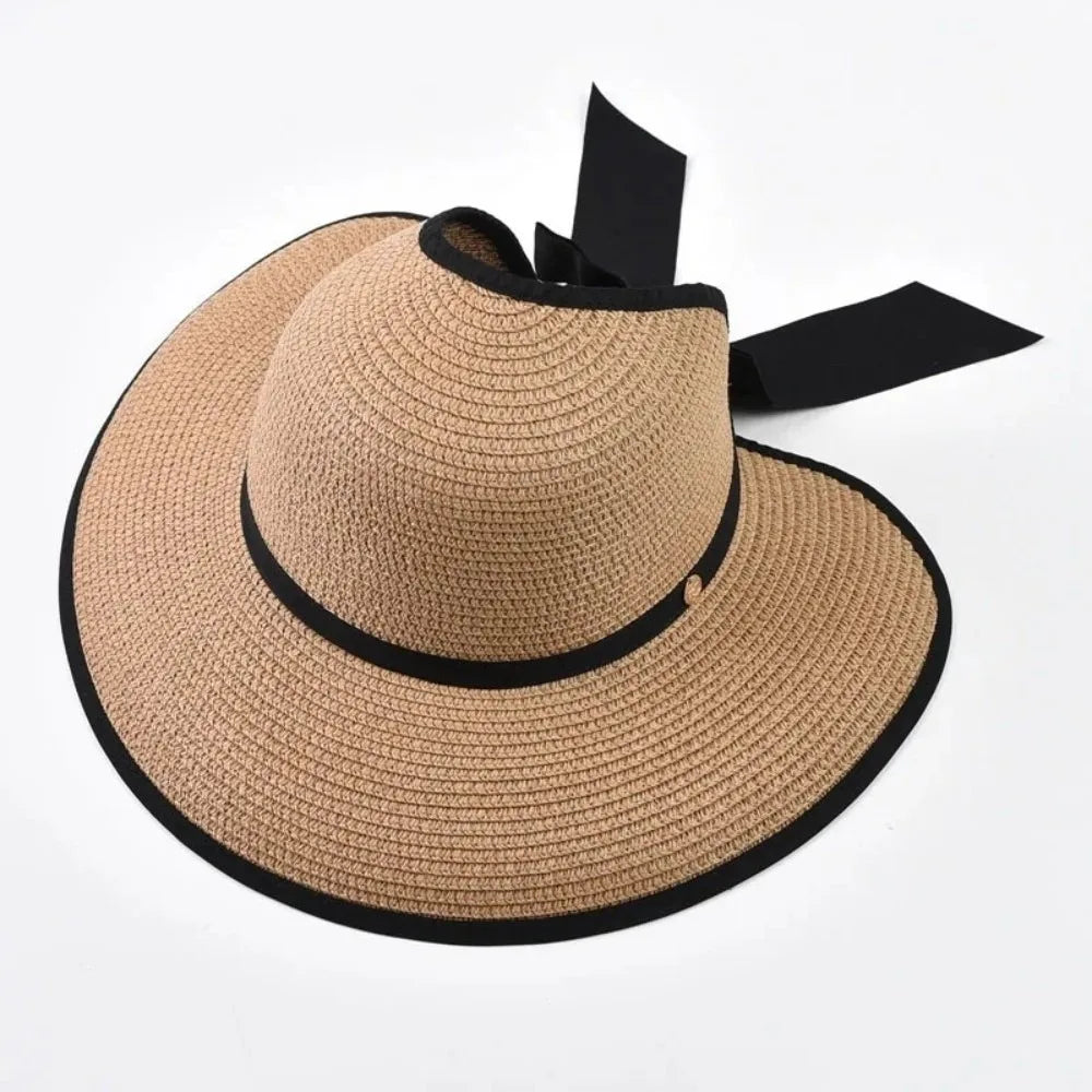 Woven Straw Hat with Bow: Floppy Bow Ribbon Hat