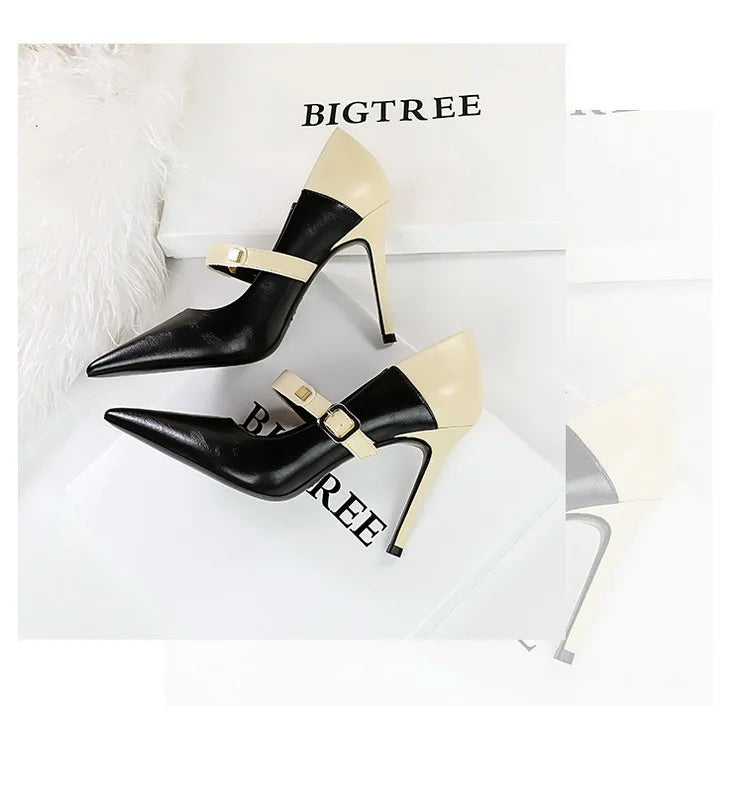 Retro Mixed Color Stiletto Pumps – Stylish Office Heels