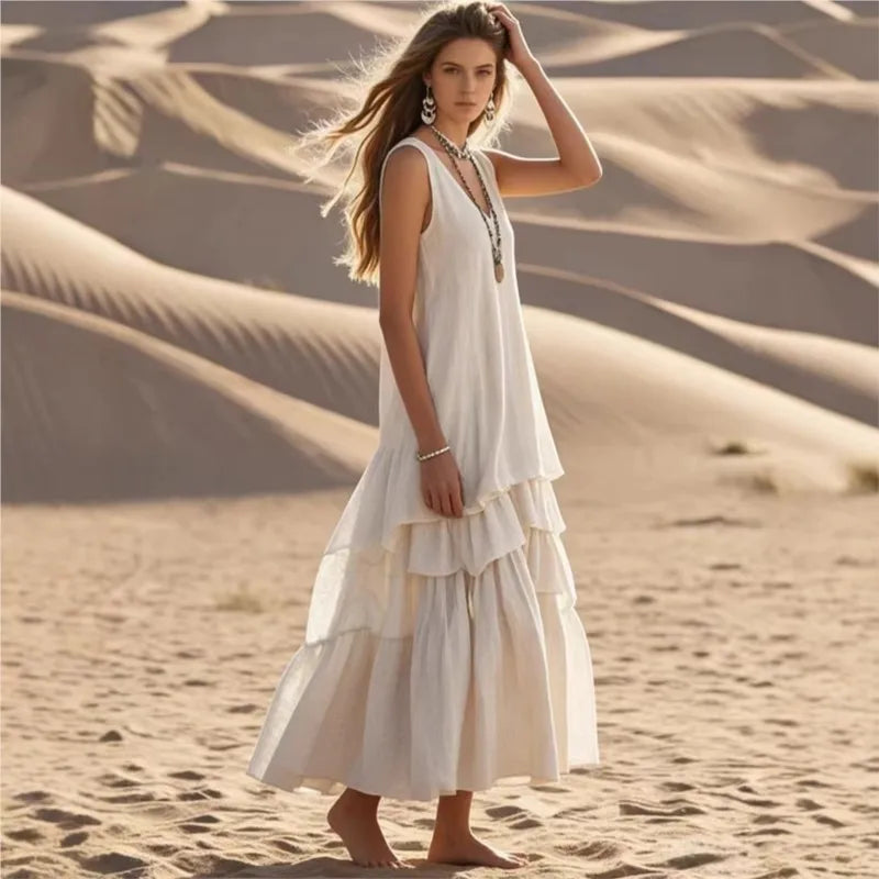 V Neck Tiered Maxi Dress: Bohemian Ruffle Dress