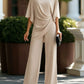Draped Blouse Pants Set: Batwing Sleeve Top and Wide Leg Pants Elegant Formal Outfit