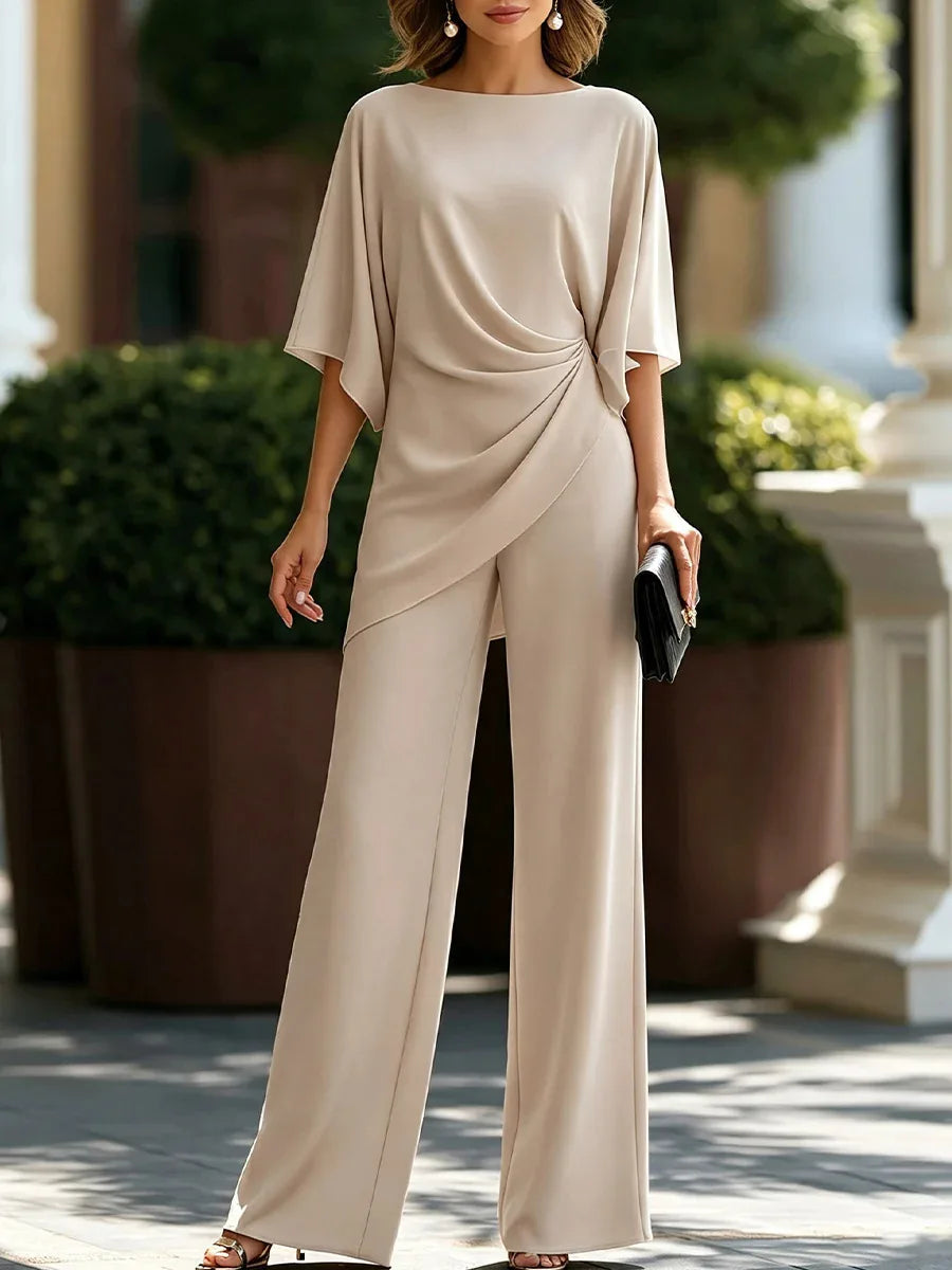 Draped Blouse Pants Set: Batwing Sleeve Top and Wide Leg Pants Elegant Formal Outfit